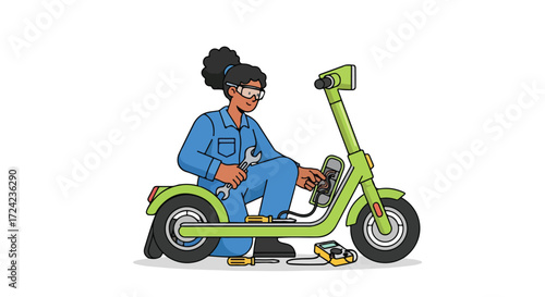 Female mechanic in blue overalls repairing a green electric scooter.