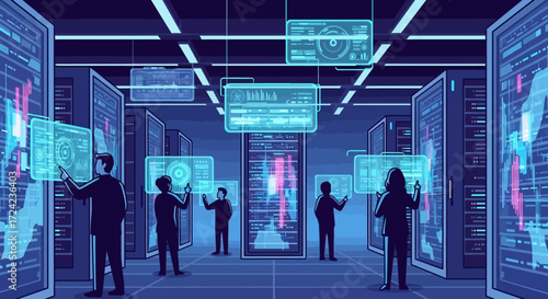 Data Center Professionals Analyzing Complex Information on Futuristic Displays