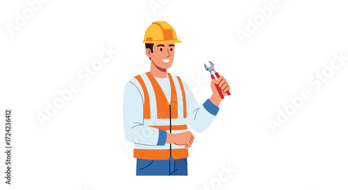 Smiling Male Worker in Safety Vest and Hard Hat Holding Wrench.