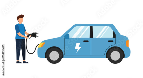 Electric vehicle charging station with man connecting cable to car.