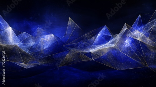 Blue mountain range with a starry sky in the background. The mountains are made of lines and dots, giving the impression of a computer-generated image. Scene is serene and peaceful, with the stars