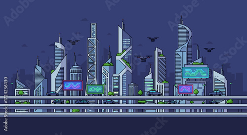 Nighttime pixelated metropolis with gleaming skyscrapers, intricate road networks, and dynamic flying elements, illustrating a vibrant urban future