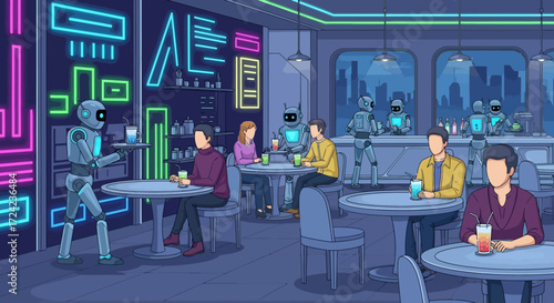 Futuristic cafe with robots serving drinks to patrons, showcasing technological advancements in service industry