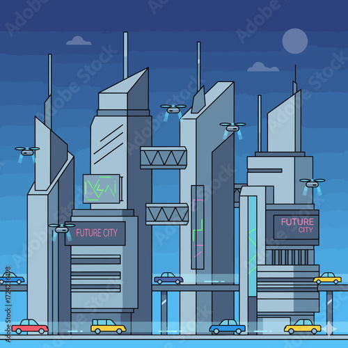 Futuristic metropolis with flying vehicles and sleek skyscrapers, showcasing a modern urban landscape