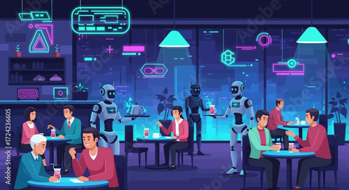 Futuristic cafe with robots serving customers in a neon-lit, high-tech environment, showcasing modern hospitality