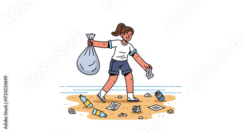 Girl cleaning beach pollution with bag.
