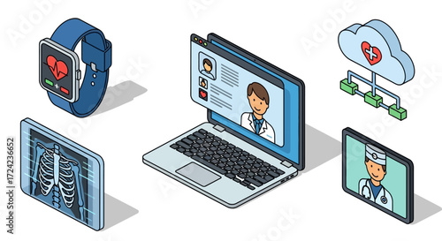 Isometric illustration concept of modern digital healthcare technology with telemedicine, online consultation, and electronic health records