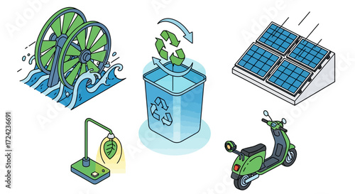 Isometric illustration concept of renewable energy sources and sustainable green technology icons