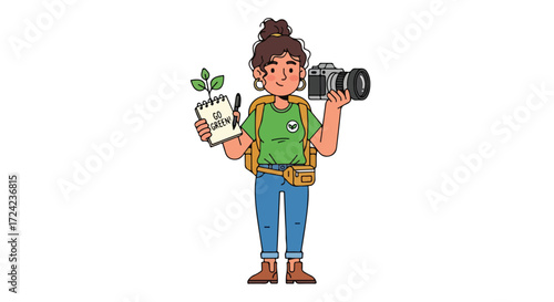 Illustration of a female botanist with camera and plant notebook.
