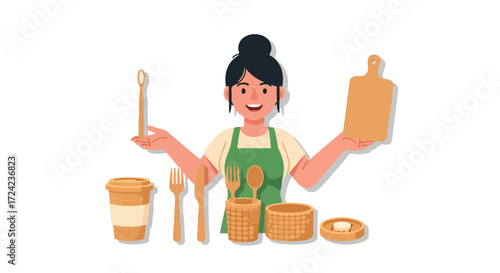 Smiling woman holding eco-friendly kitchenware and reusable products.