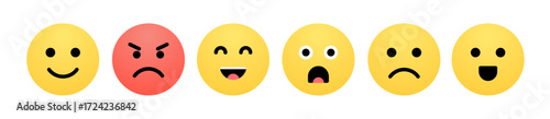 Set colorful emoji faces emotions happy, angry, laughing, surprised, sad, and cheerful expressions
