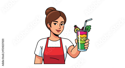 Woman Holding a Colorful Smoothie with Straw and Fruit Garnish.