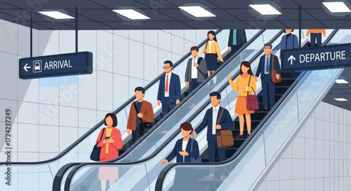 flat style Illustration of travelers using escalators in an airport terminal with arrival and departure signs, symbolizing global travel, business trips, vacations, and modern transportation hubs