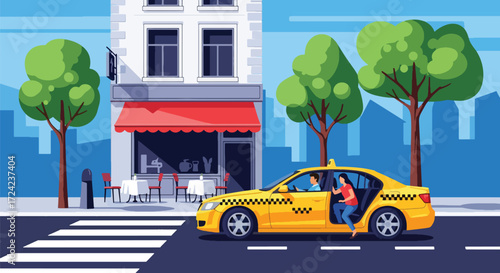 flat style Illustration of a taxi stopping outside a café with a passenger getting out, symbolizing urban lifestyle, commuting, local dining, and convenient city transportation for business or leisure