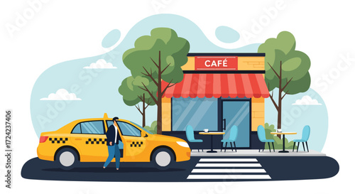 flat style Illustration of a taxi stopping outside a café with a passenger getting out, symbolizing urban lifestyle, commuting, local dining, and convenient city transportation for business or leisure