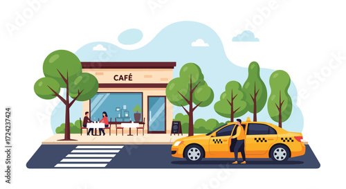 flat style Illustration of a taxi stopping outside a café with a passenger getting out, symbolizing urban lifestyle, commuting, local dining, and convenient city transportation for business or leisure