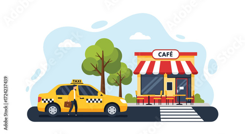 flat style Illustration of a taxi stopping outside a café with a passenger getting out, symbolizing urban lifestyle, commuting, local dining, and convenient city transportation for business or leisure