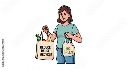 Woman holding reusable shopping bags, promoting environmental awareness.
