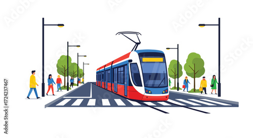 flat style Illustration of a modern tram moving through a city street with pedestrians, trees, and buildings, symbolizing eco-friendly transport, urban mobility, and sustainable public transportation