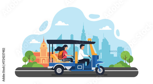 flat style Illustration of a tuk-tuk ride in the Bangkok city with driver and passenger, representing traditional transport, tourism, travel lifestyle, and urban mobility in Southeast Asia