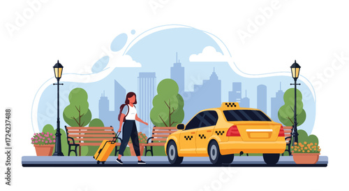 flat style Illustration of a woman with luggage approaching a taxi in the city, symbolizing urban travel, airport transfers, commuting, tourism, and convenient transportation services