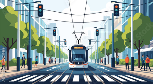 flat style Illustration of a modern tram moving through a city street with pedestrians, trees, and buildings, symbolizing eco-friendly transport, urban mobility, and sustainable public transportation