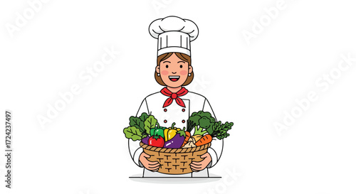 Happy Chef Holding Basket Full of Fresh Vegetables.