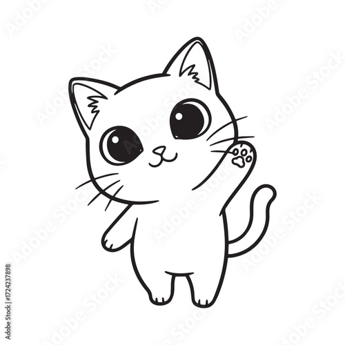 Cute Kawaii Cat Character Waving with Paw