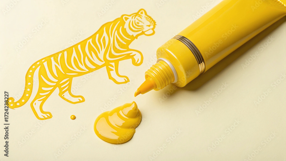 Fototapeta premium Yellow acrylic paint squeezed out of the tube forms a yellow tiger shape. On a light yellow background,