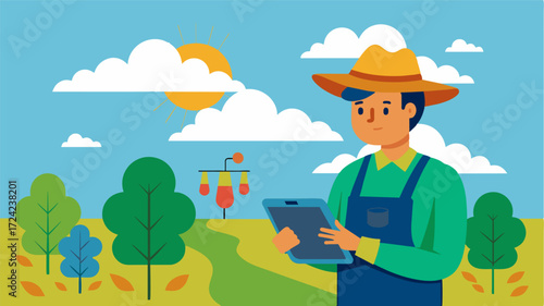 A farmer checking the weather forecast on a tablet before sending an autonomous herbicide sprayer out to effectively target weeds during the optimal conditions.. Vector illustration