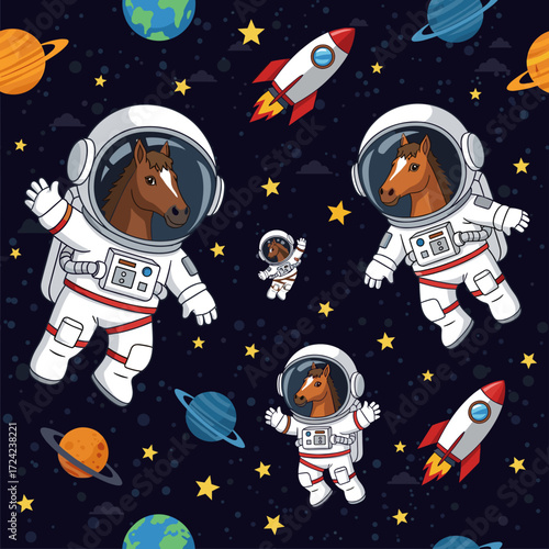 Cute horse astronauts float in a starry space with planets and rockets Fun fantasy pattern