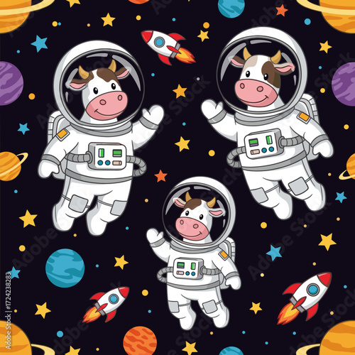 Three cheerful cow astronauts in space surrounded by planets stars and rockets