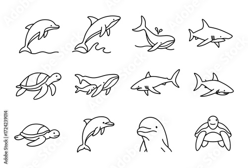 Minimalist marine life icons featuring dolphins, sharks, turtles, and whales
