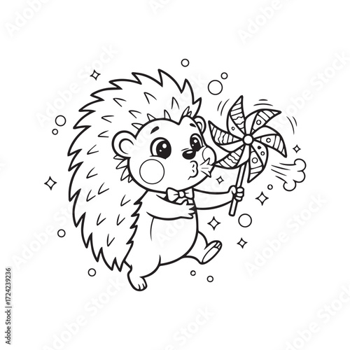 Cute Hedgehog Blowing a Pinwheel with a Bowtie