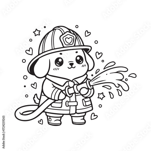Cute Dog Firefighter Holding a Water Hose