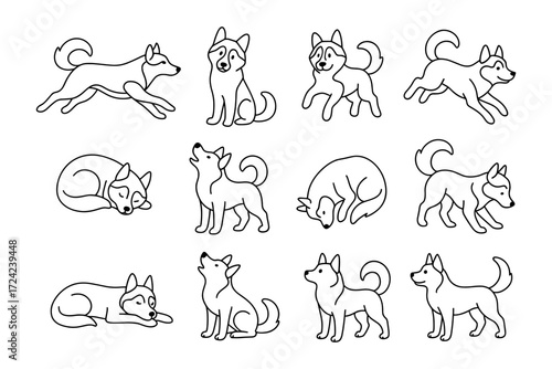 Cute dog outlines in various poses: playful and relaxed canine sketches