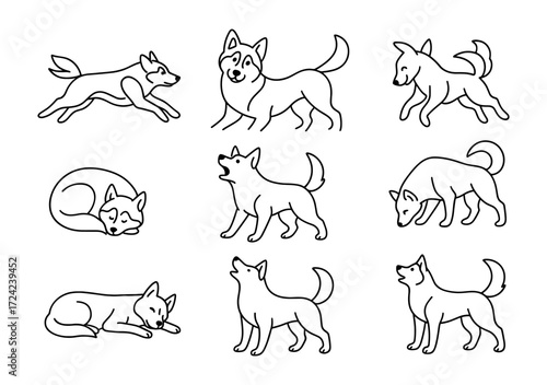Collection of linear dog outlines in various poses