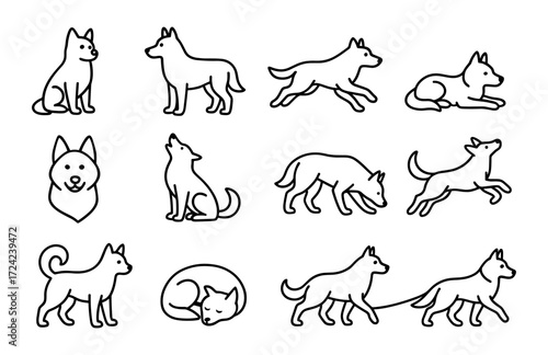Outline set of dog poses: playful and resting canine silhouettes in simple line art