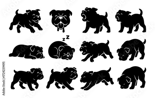 Cute bulldog silhouettes in various poses and expressions for animal art