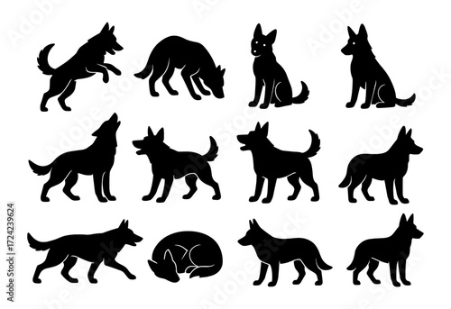Dog silhouette collection: various poses and breeds in a black design