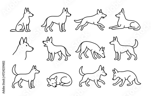 Simple dog outlines in various poses for design inspiration