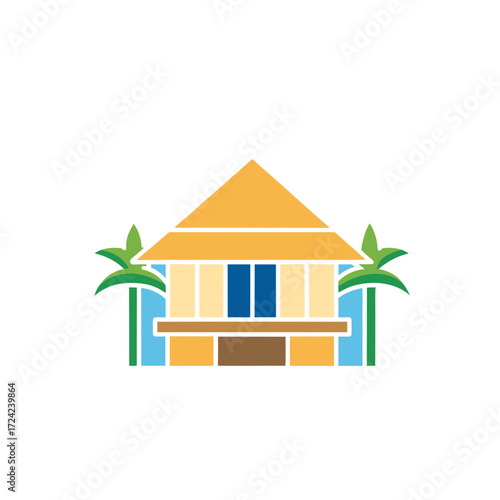 Tropical beach hut with palm trees and ocean view