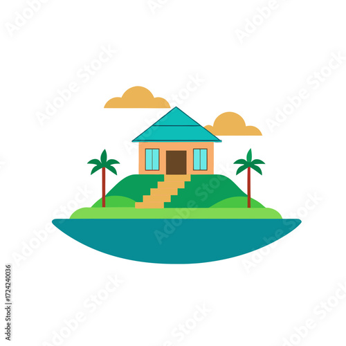 Tropical island house with palm trees and ocean view