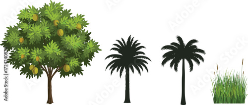 Tropical vegetation illustration with jackfruit tree, palm tree silhouettes, and cattail grass, botanical nature design for ecology, landscape, and education
