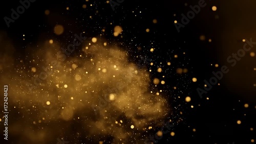 Dynamic golden particles bursting and swirling against a dark background, creating an ethereal and sparkling light effect with vibrant energy and elegant motion.