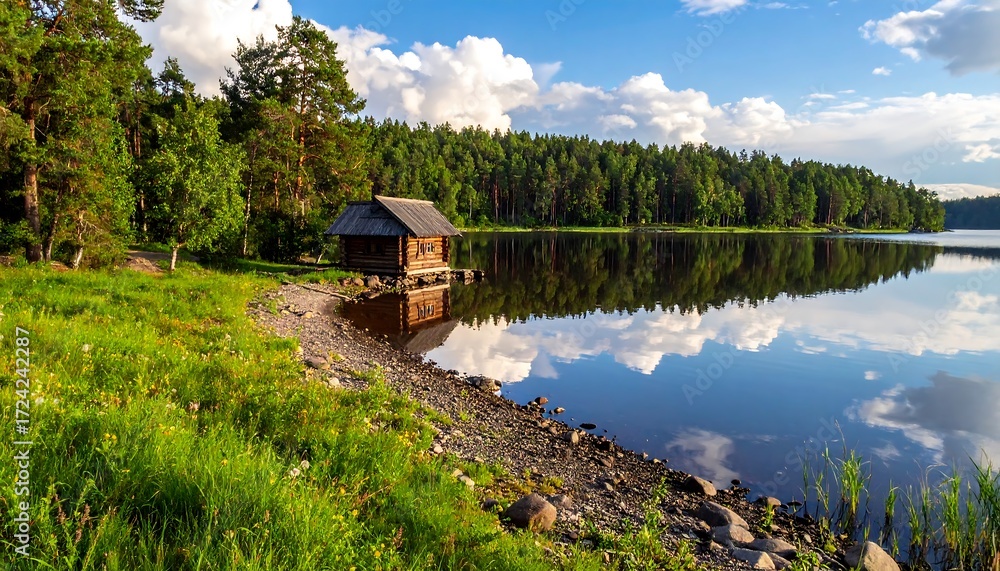 Fototapeta premium Lakeside cabin in a serene forest