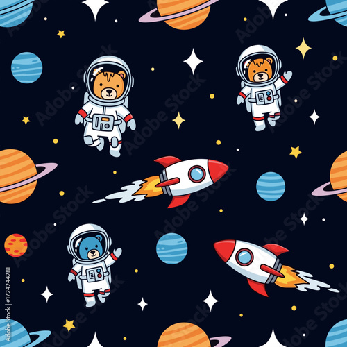 Cute astronaut bears and rockets explore space with planets and stars Fun for kids decor education