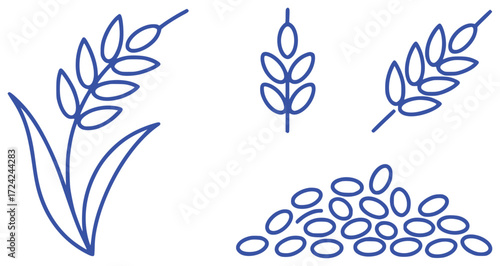 Simple Blue Line Art of Wheat Stalks and Grains