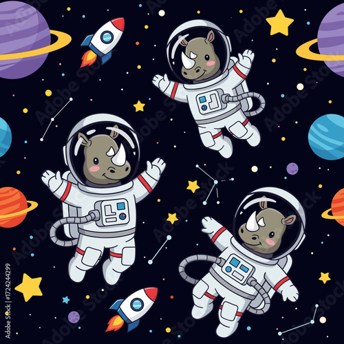 Cute cartoon rhinos explore space in astronaut suits surrounded by planets and rockets