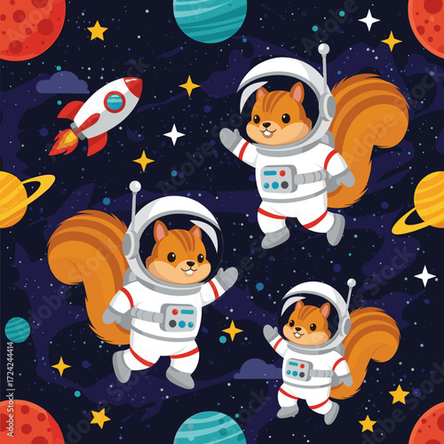 Cute cartoon astronaut squirrels float among planets and stars Space adventure education fun